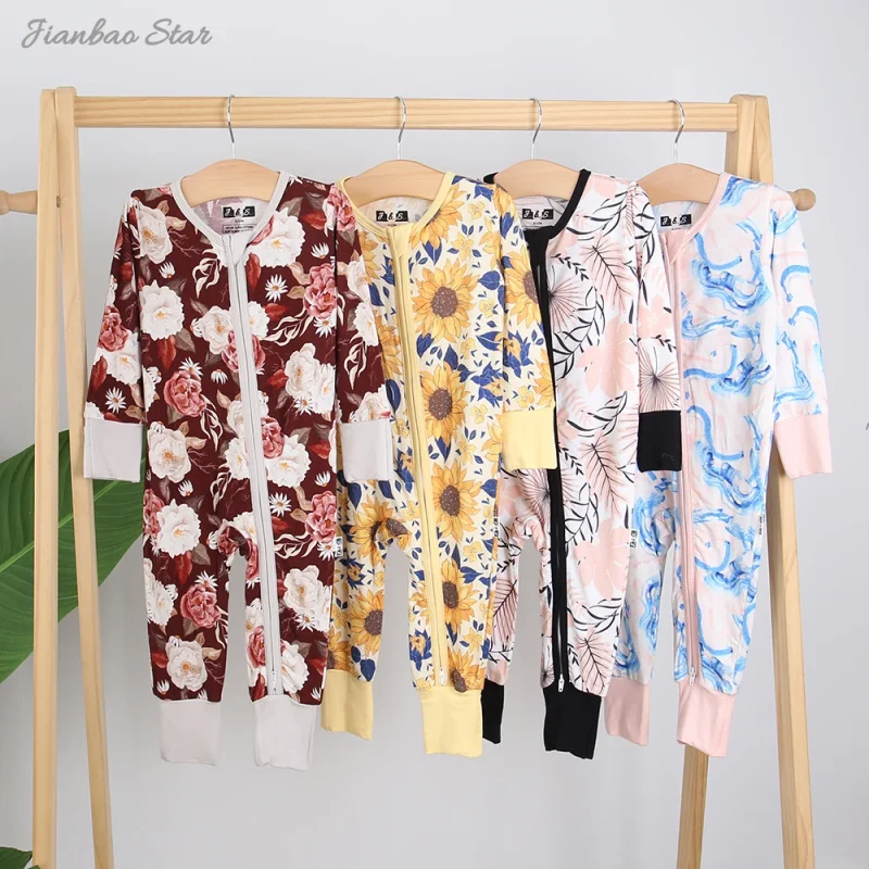 Baby Boy's & Girl's Jumpsuit With Two Way Front Zipper Mittens Footie Bamboo Baby Romper Set