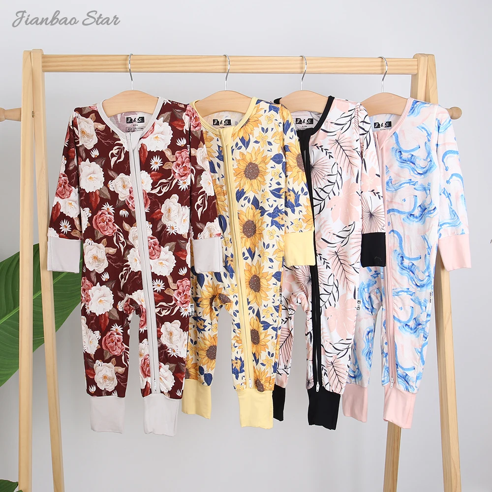 Baby Boy's & Girl's Jumpsuit With Two Way Front Zipper Mittens Footie Bamboo Baby Romper Set