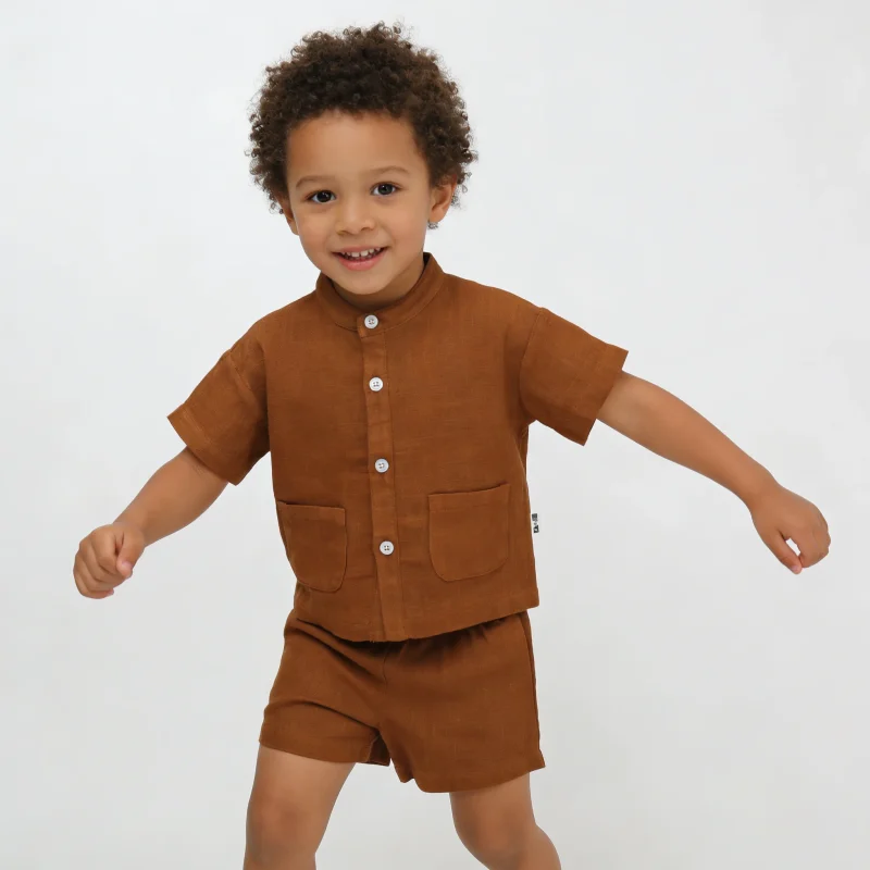 70%viscose 30%linen Fabric New Design Casual Quick Dry Short Sleeved Unisex Summer Baby Clothing Set Baby Romper