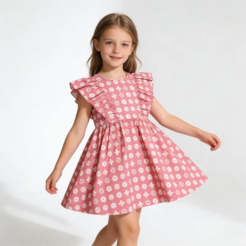 70%viscose 30%linen Fabric Girls Summer Sleeveless Ruffle Zipper Knitted Baby Dress Hot Sale Custom Printed Baby Clothes