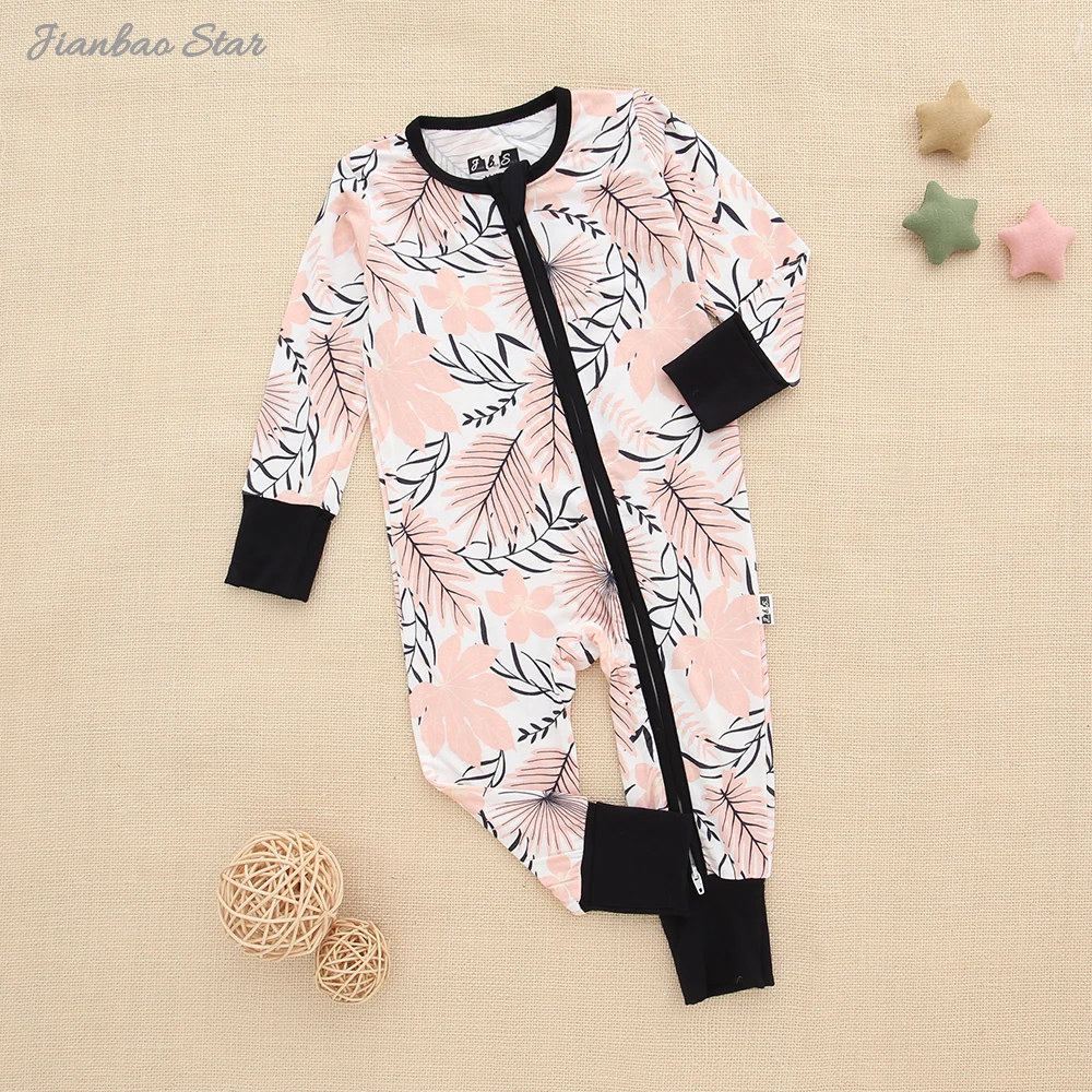 Baby Boy's & Girl's Jumpsuit With Two Way Front Zipper Mittens Footie Bamboo Baby Romper Set - Image 3