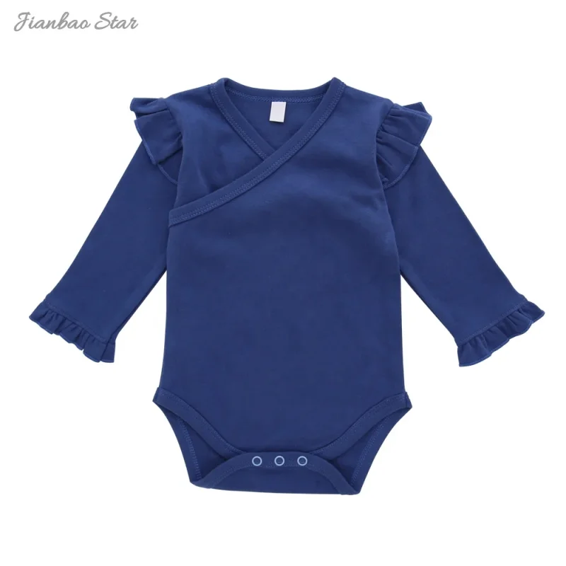 New Design Hot Sale 100% Cotton Custom Printing Long Sleeves Baby Clothing Solid Color Ruffle Baby Onesie