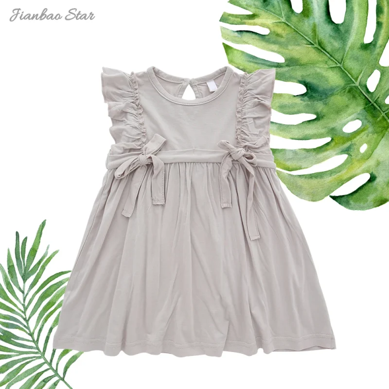Summer Style Bamboo Wing Sleeve High-quality Baby Dress Casual Party Dress in Bow at the Waist to Accentuate the Pretty Girly