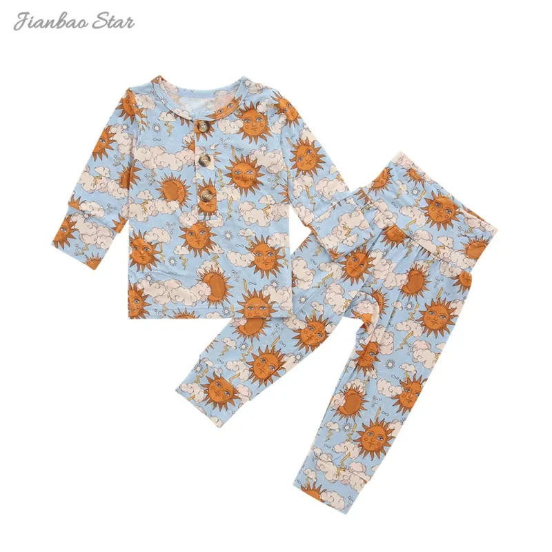 New Baby Unisex Clothing Button Autumn and Winter Baby Clothe Long Sleeve Comfortable Bamboo Spandex Printing Baby Clothes Sets
