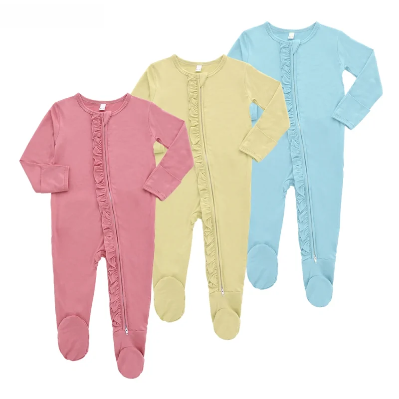 Breathable and Comfortable Custom Cotton Ruffle Long Sleeve Plain Zip Baby Romper Baby Girl Jumpsuit