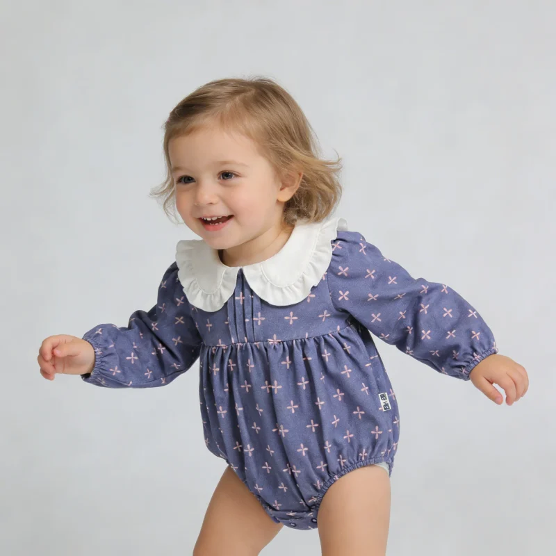 Hot Sale Button Design Peter Pan Collar Super Soft 100%orginc Cotton Long Sleeve Closure Knitted Baby Romper Baby Clothes